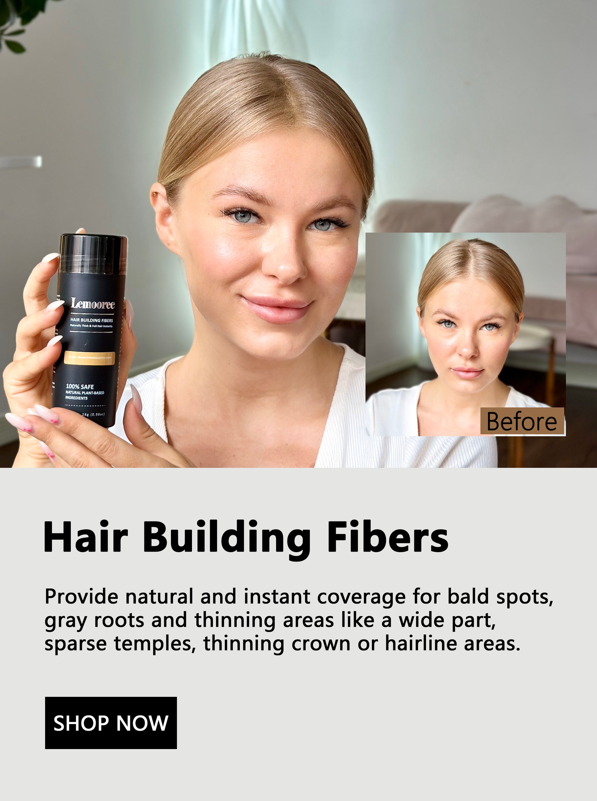 Before and after comparison images of using Lemooree Hair Building Fibers
